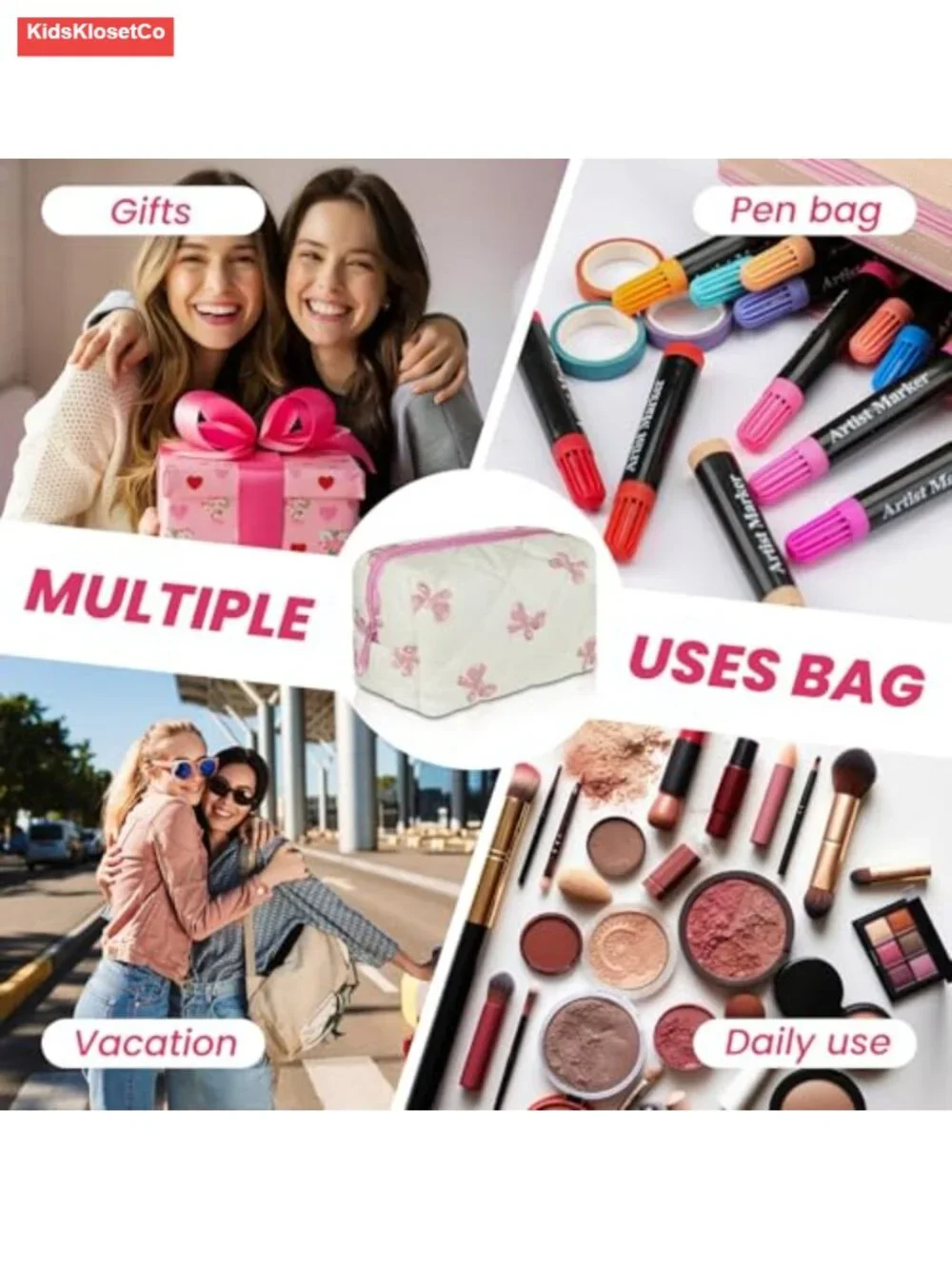 Quilted Cotton Travel Makeup Bag with Floral Design, Zipper Cosmetic Pouch,